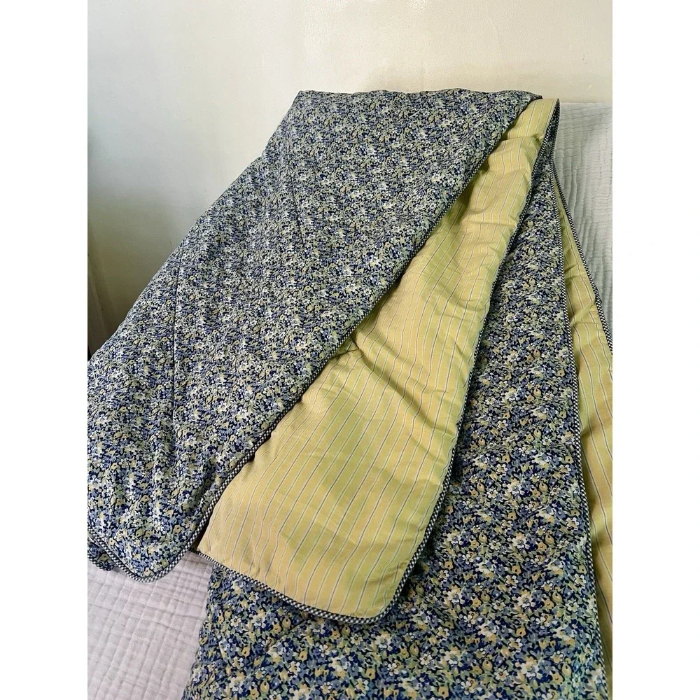 Vtg Tommy Hilfiger Elizabeth Anne Queen Comforter Blue Yellow Floral Striped Rev